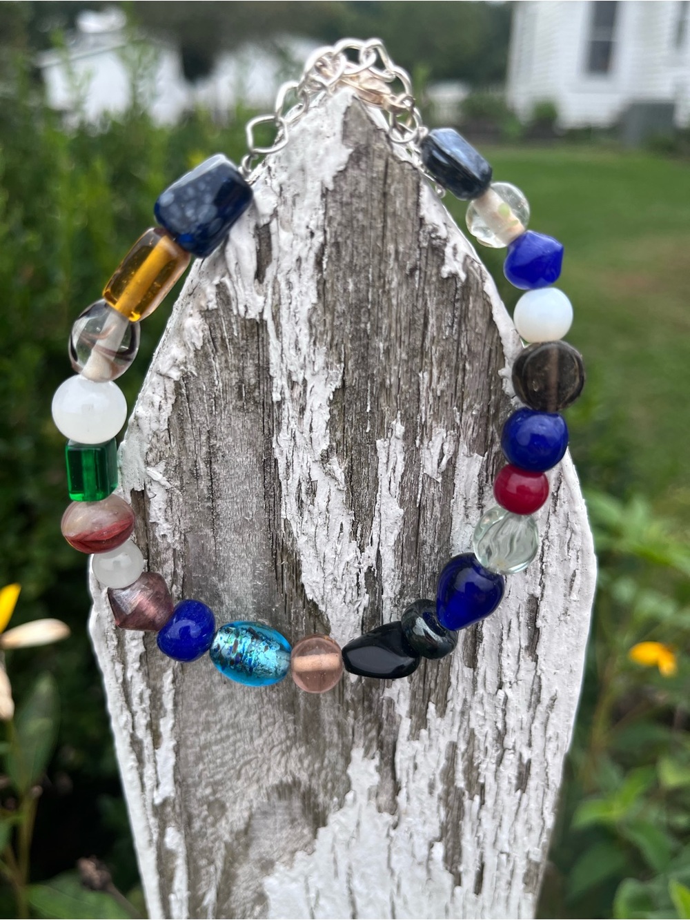 Hand Crafted Multicolor Glass Bead Bracelet with Blue, Green, Red & Gold Accents